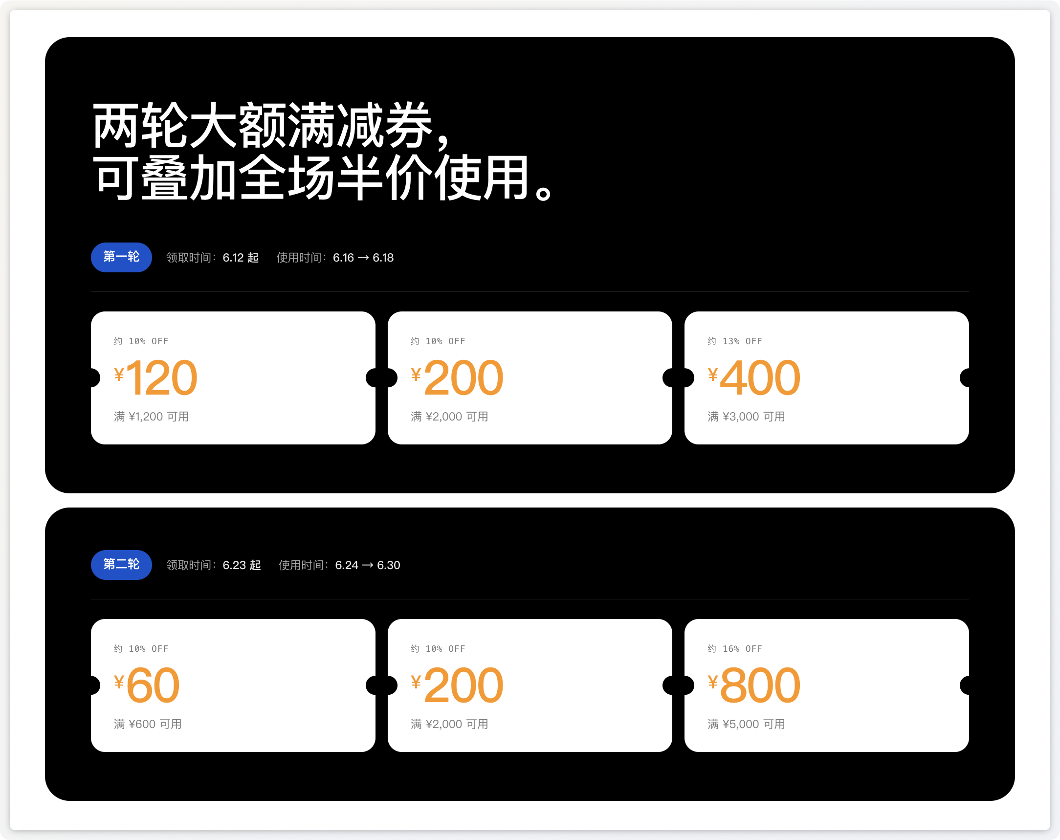 凌霞软件 618 两轮大额满减券:第一轮满 ¥3,000 减 ¥400(6.16–6.18),第二轮满 ¥5,000 减 ¥800(6.24–6.30),可与半价折扣叠加使用